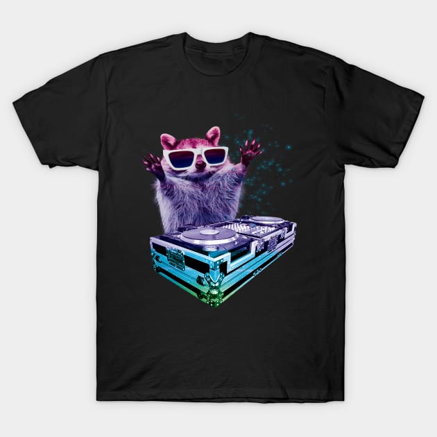 DJ Raccoon Trash Panda Rainbow DJ Sunglasses T-Shirt by Ferrazi